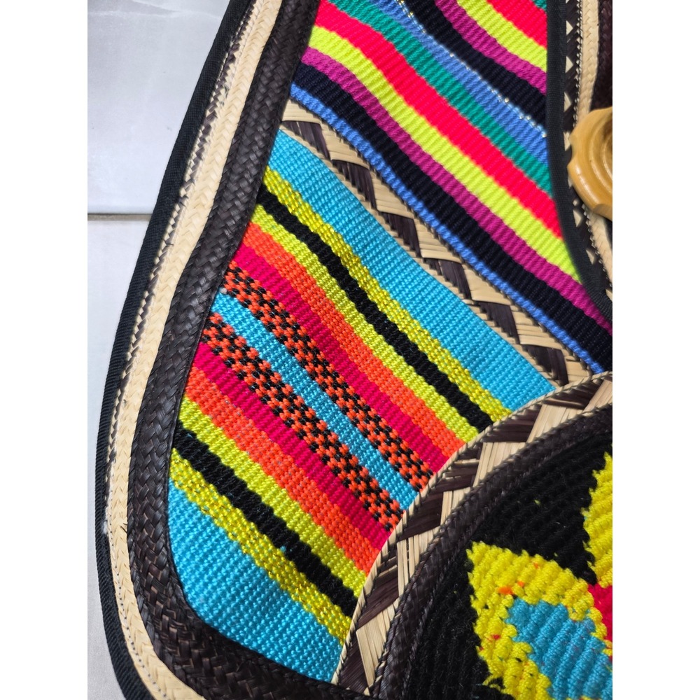Boho Woven Straw Striped Tote Bag Multi Color Embroidered Floral Wooden F1 - Picture 5 of 16